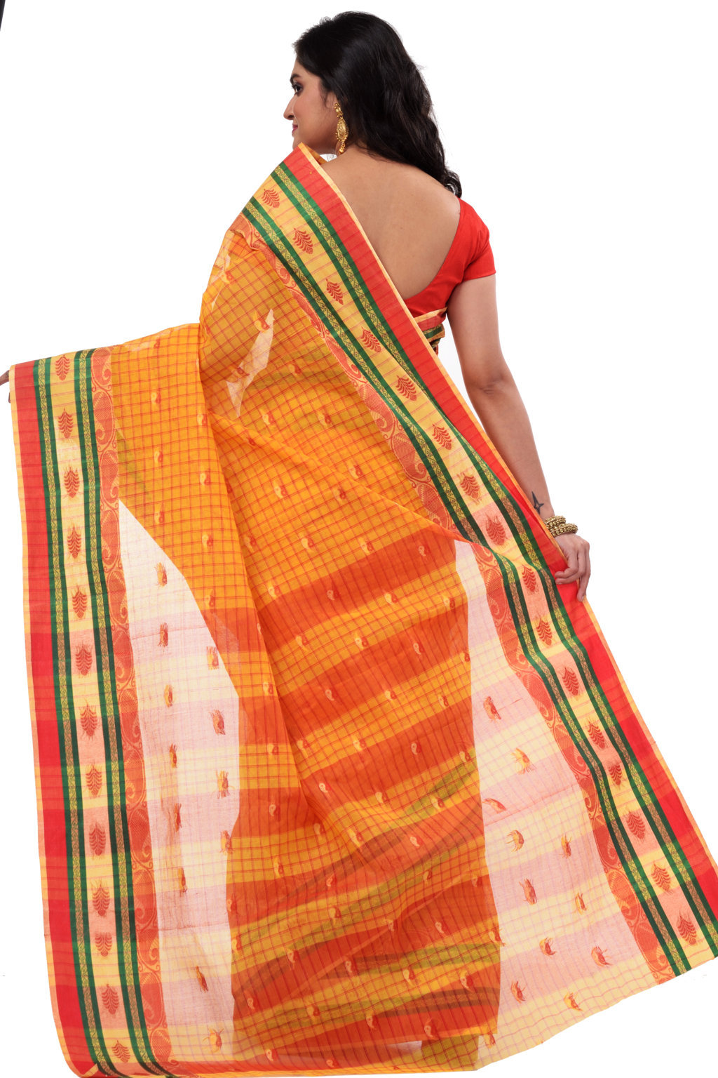 Yellow Pure Cotton ChakButi Tant Saree (125)